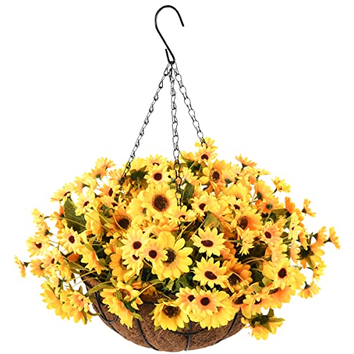 INQCMY Artificial Flowers Hanging Basket for Outdoor Indoor, Fake Sunflowers Flowers in Coconut Lining Hanging Basket, 8 Branches Sunflowers Flowers in 12'' Basket(Yellow)